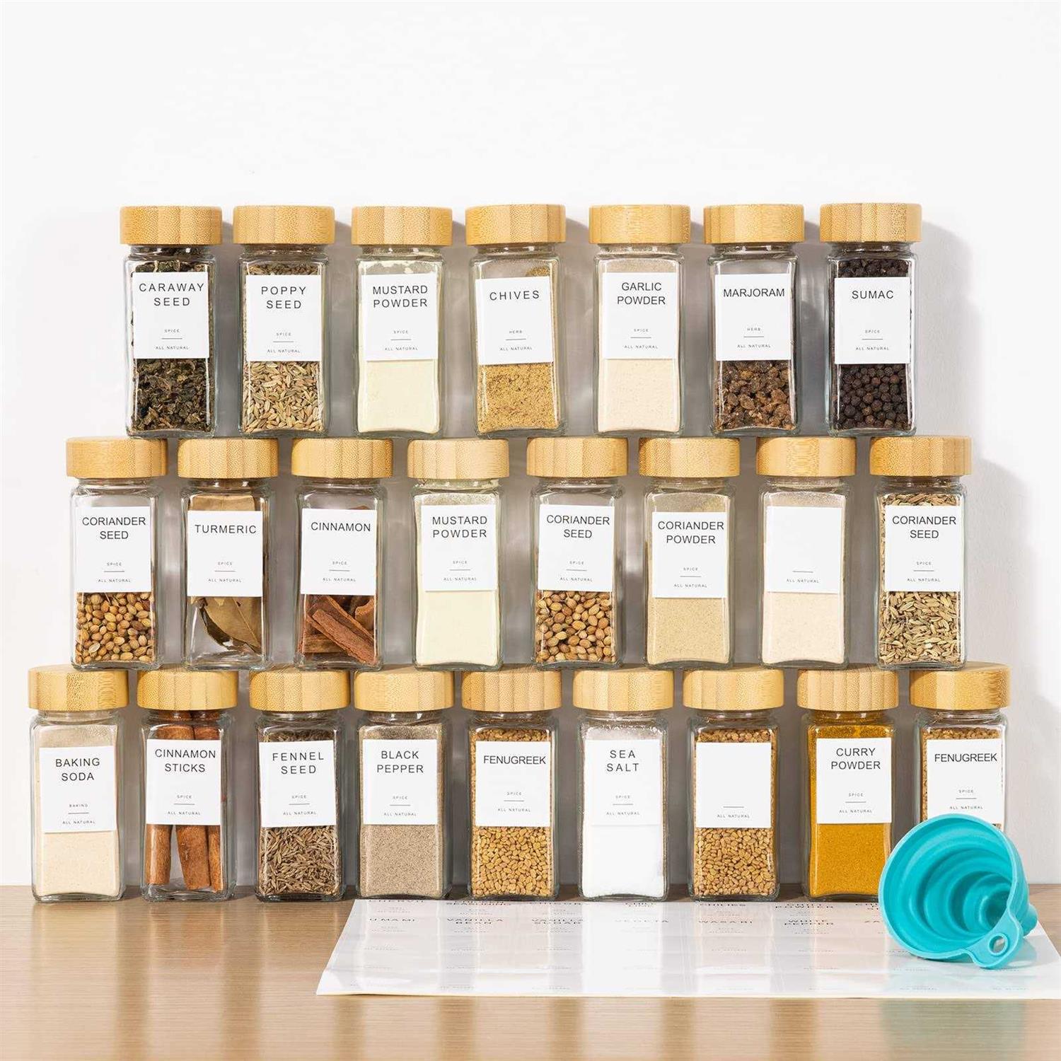 FavorFlavor 24 Pcs Spice Jars with Label 4.3OZ Thickened Glass Seasoning Jars with Bamboo Lids