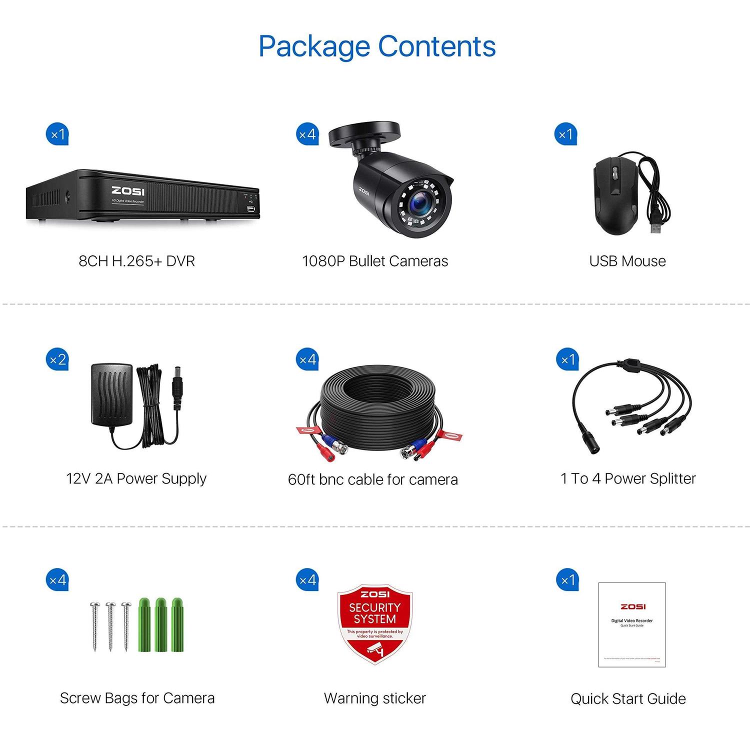 ZOSI H.265+1080p Home Security Camera System,8 Channel 5MP-Lite CCTV DVR with 4 x 1920TVL Weatherproof Surveillance Bullet Camer