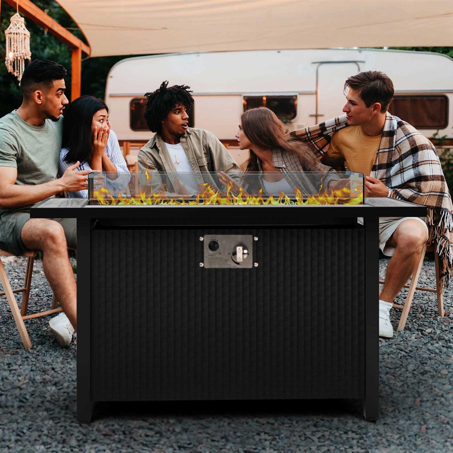 Walsunny 45 inch Propane Fire Pit Table 50,000 BTU Steel Gas Fire Pit with Lid and Lava Rock Rectangular