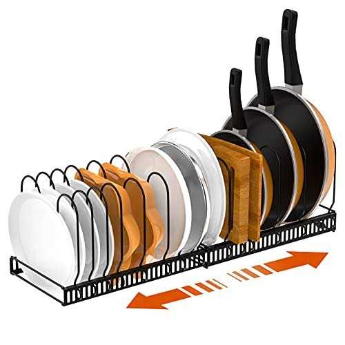 Housolution Pot and Pan Organizer Rack for Cabinet Expandable Pot Lid Organizer with 14 Adjustable Dividers Pan Holder Storage Rack