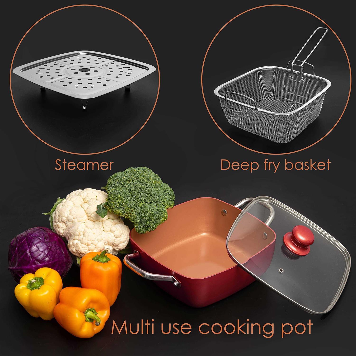 Moss & Stone Copper 5 Piece Set Chef Cookware Non Stick Pan Deep Square Pan