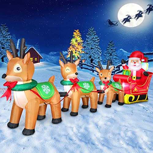 12FT Lighted Christmas Iatables Outdoor Decorations Santa Claus on Sleigh with 3 Reindeers