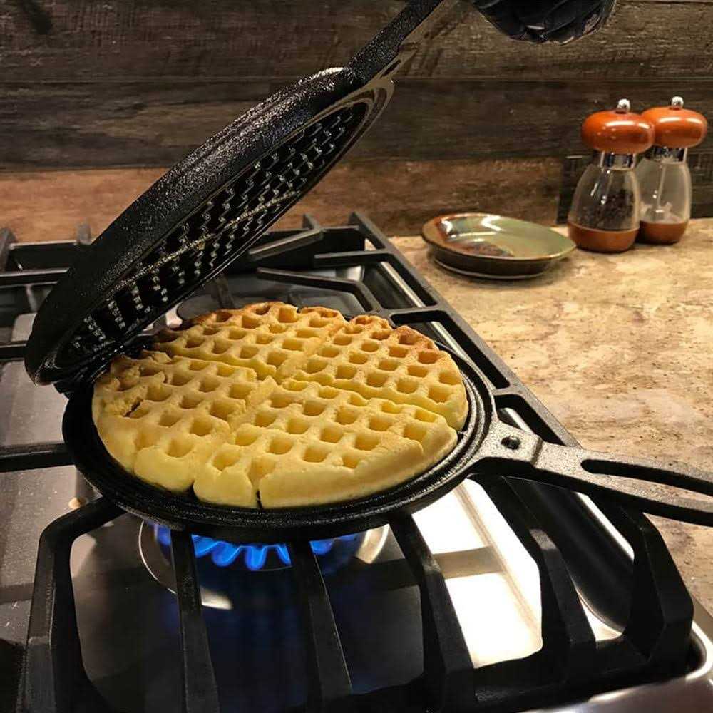 Lehman’s Cast Iron Waffle Maker Pre-Seasoned Stovetop 2 Piece Hinged Waffle Pan Makes 7 Round Waffles