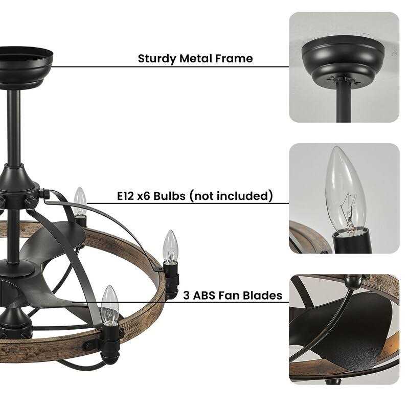 27-inch Modern Farmhouse Ceiling Fans 6-Light Wagon Wheel Chandelier Fan Caged Ceiling Fan with Light Remote Control