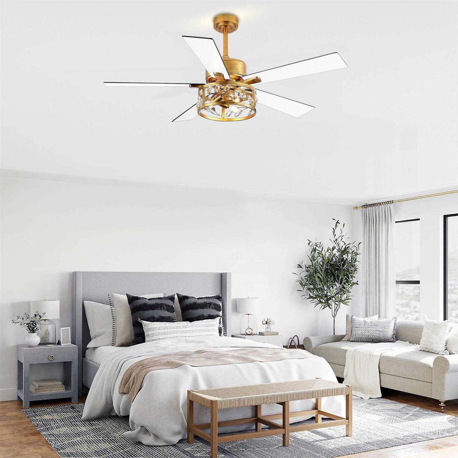 ZEYU 52 5-Blade Vintage Gold Ceiling Fans with Crystal Light Remote Control