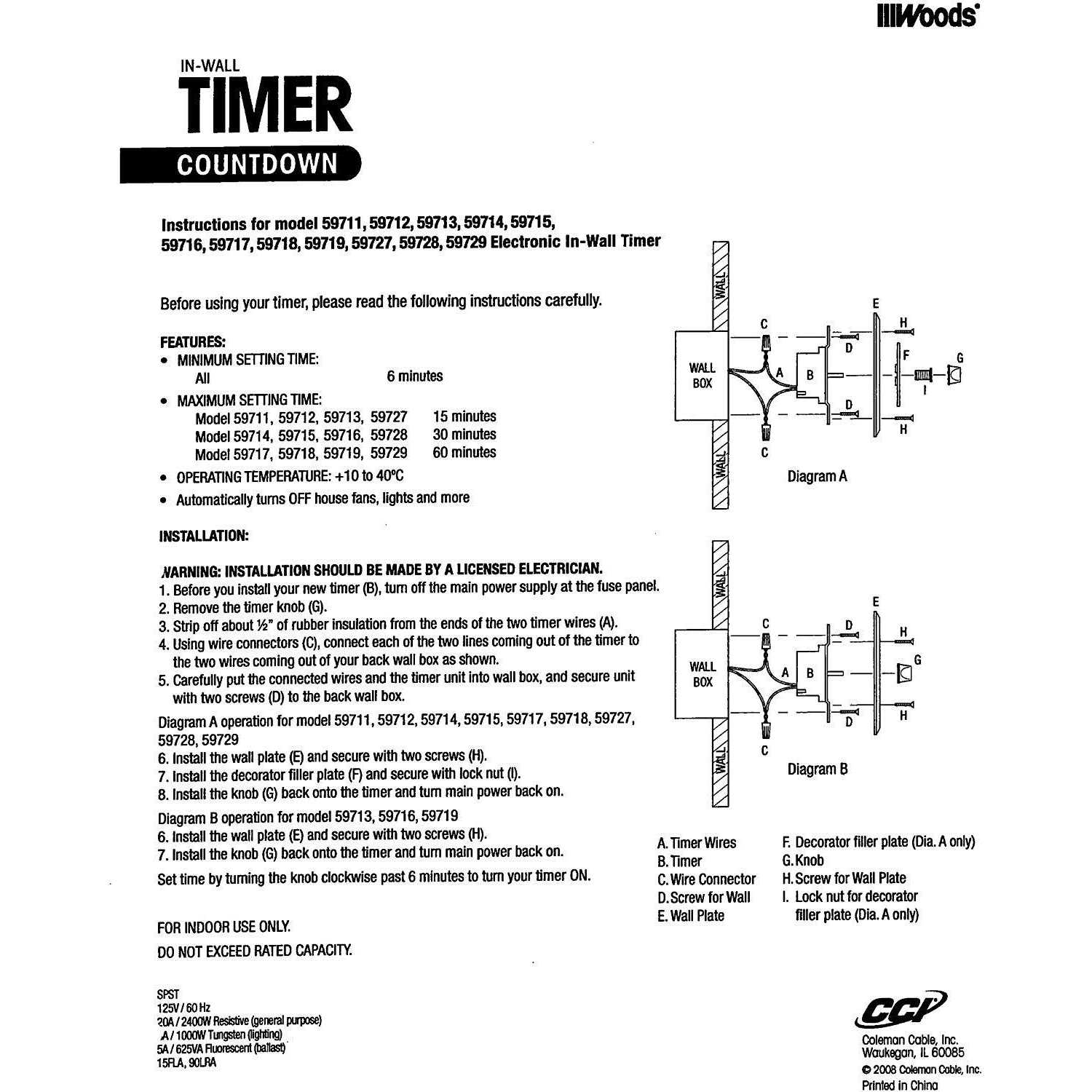 Woods 59714 In Wall 30 Minute Spring Wound Timer