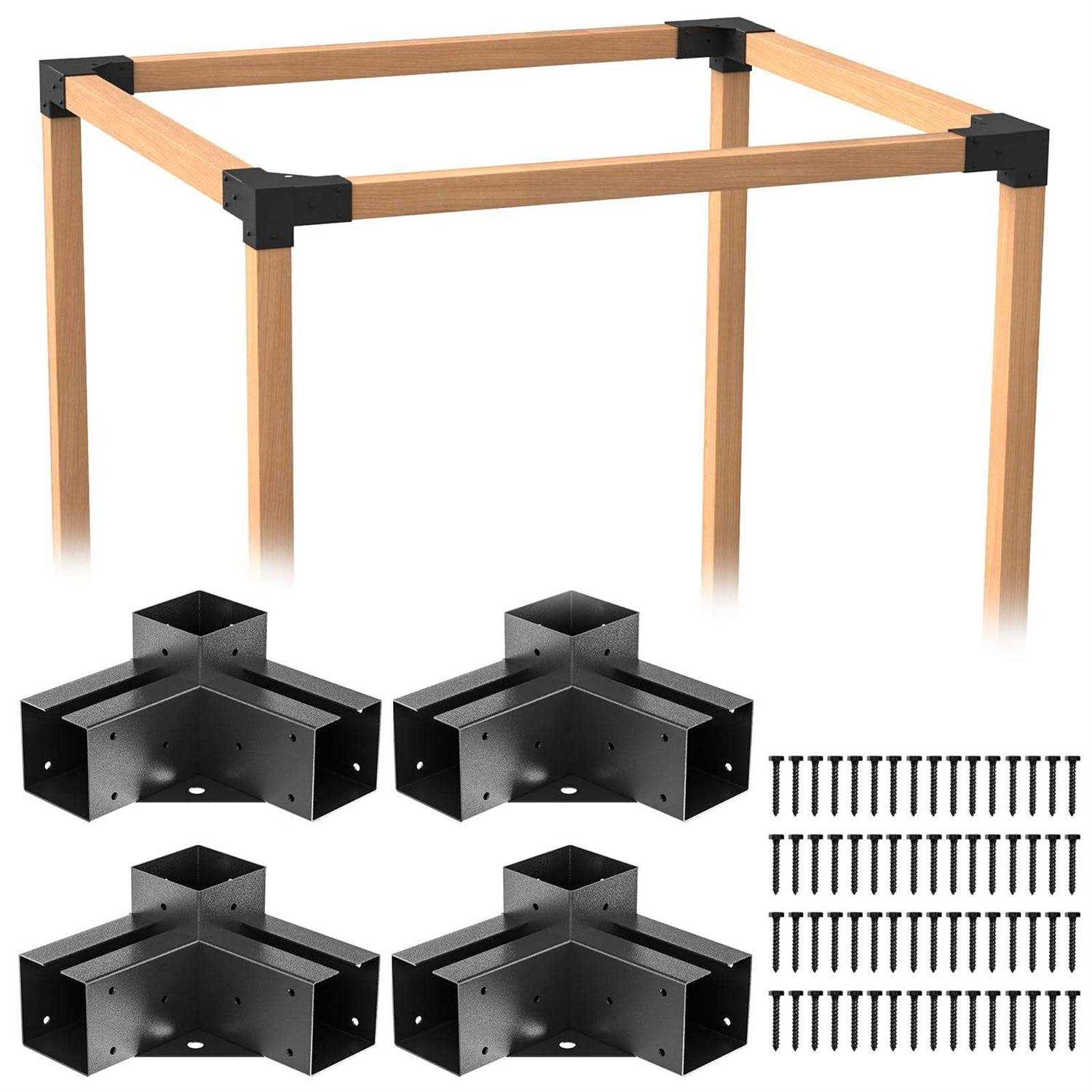 Wilkblck Pergola Brackets 4PCS Woodworks Pergola Kit 3-Way Right Angle Corner Bracket Elevated Wood Stand Kit Pergola/Gazebo Kit Hardware for 4×4