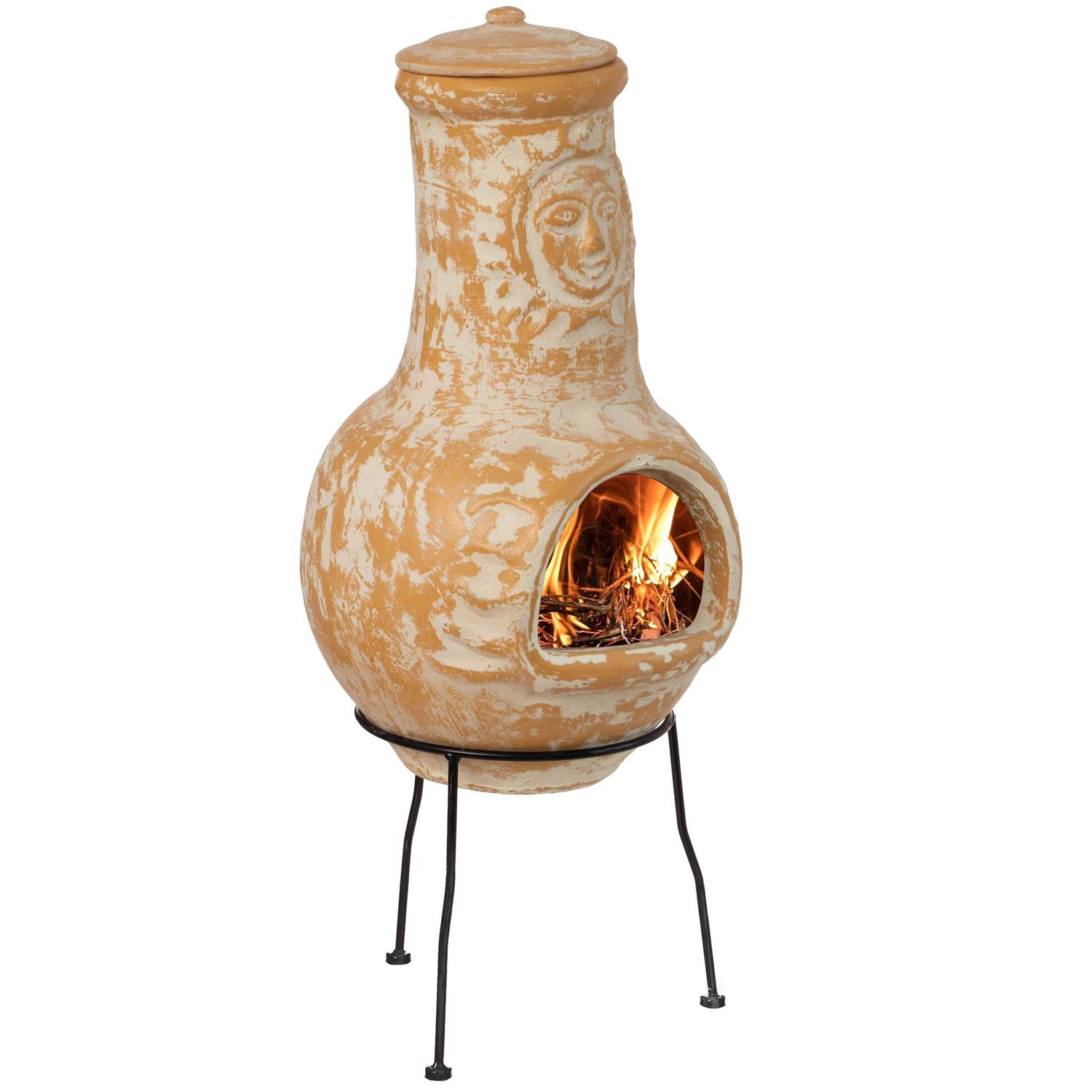 Vintiquewise Outdoor Clay Chiminea Fireplace Sun Design Wood Burning Fire Pit with Sturdy Metal Stand