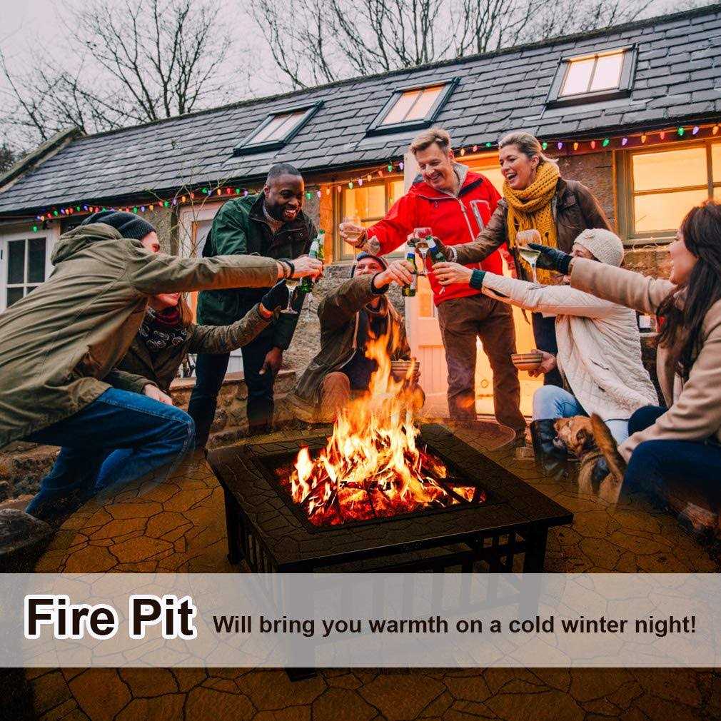 Fdw Outdoor Fire Pit 32 inch Square Metal Firepit For Patio Wood Burning Fireplace Garden Stove with Charcoal Rack