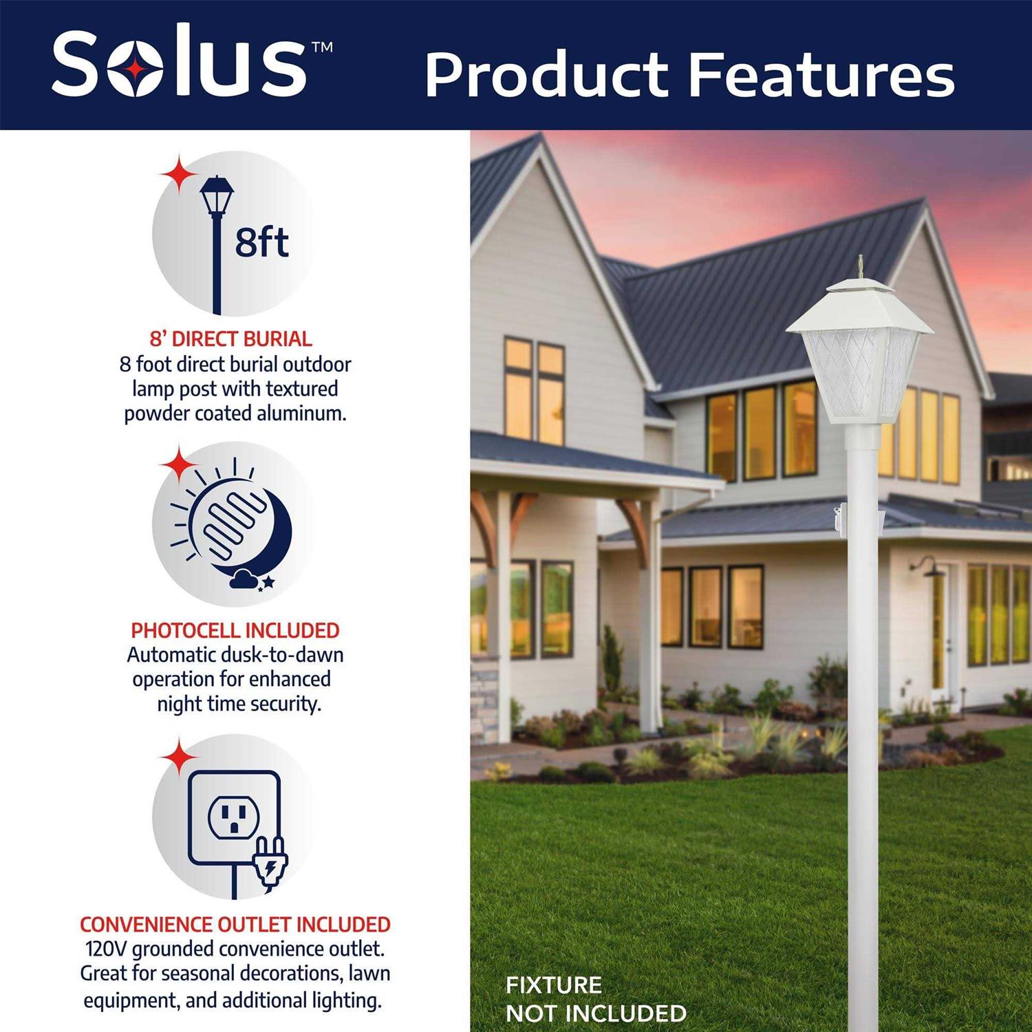 Solus 8 ft Outdoor Direct Burial Lamp Post with Convenience Outlet Fits 3 in. Post Top