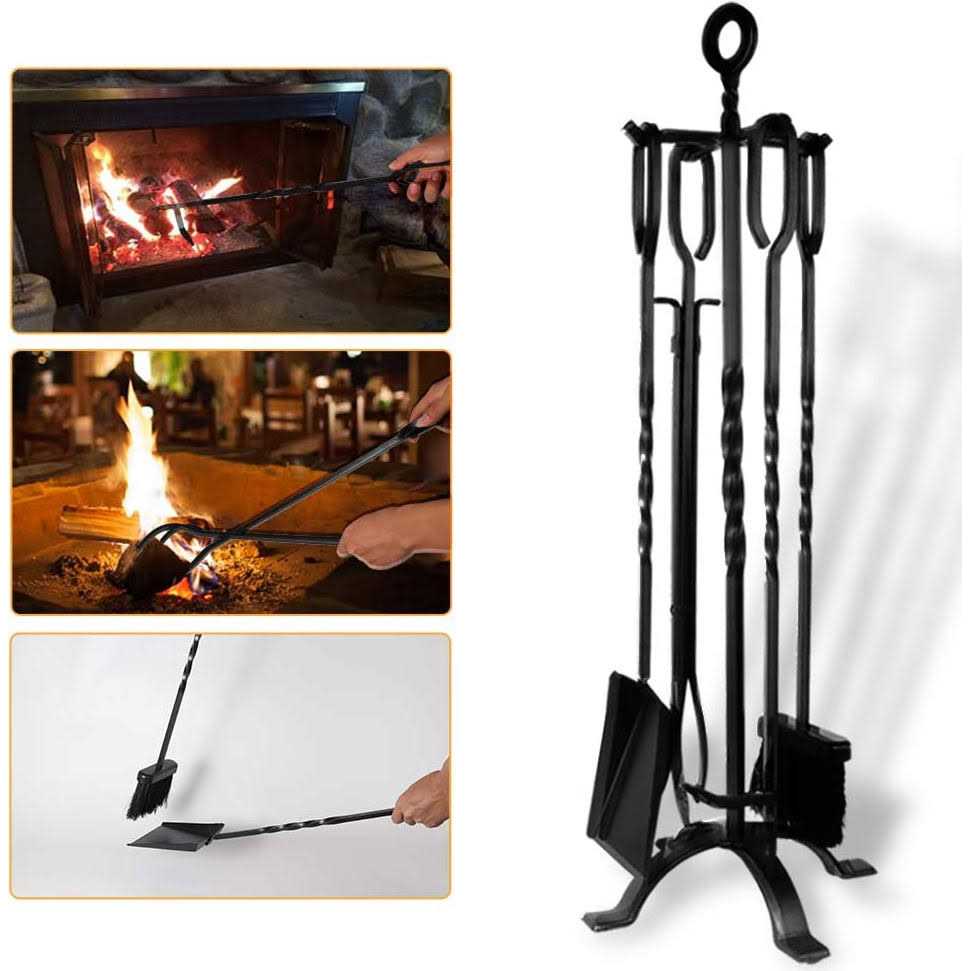 Amagabeli 5 Pieces Fireplace Tools Set Indoor Wrought Iron Fire Pit Tongs Holder