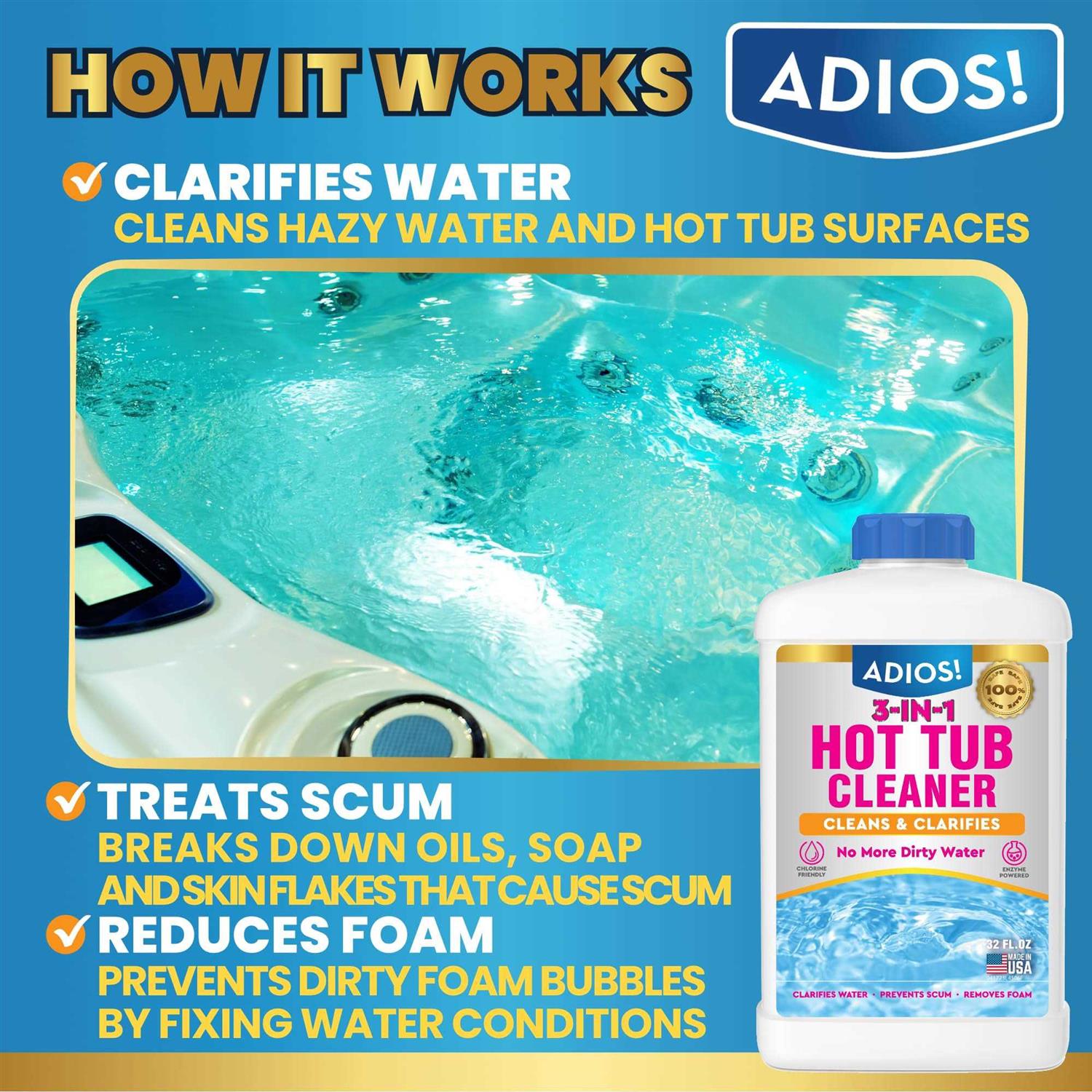 Adios! 3-in-1 Hot Tub Cleaner Clarifies Water, Prevents Scum, Removes Foam and Stops Odors