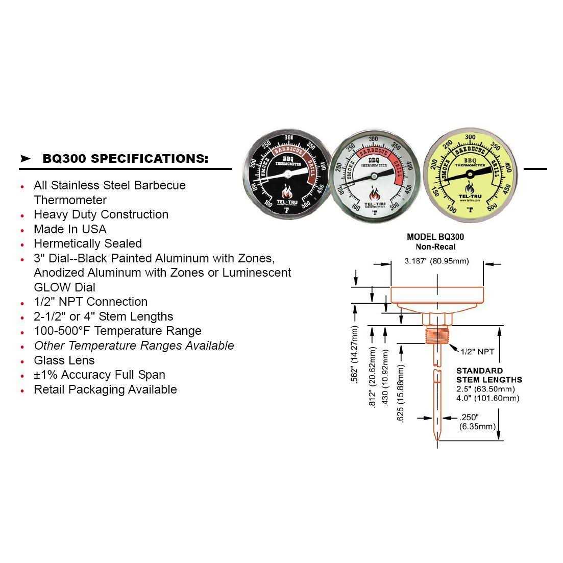 Tel-Tru BQ300 Barbecue Thermometer 3 inch dial