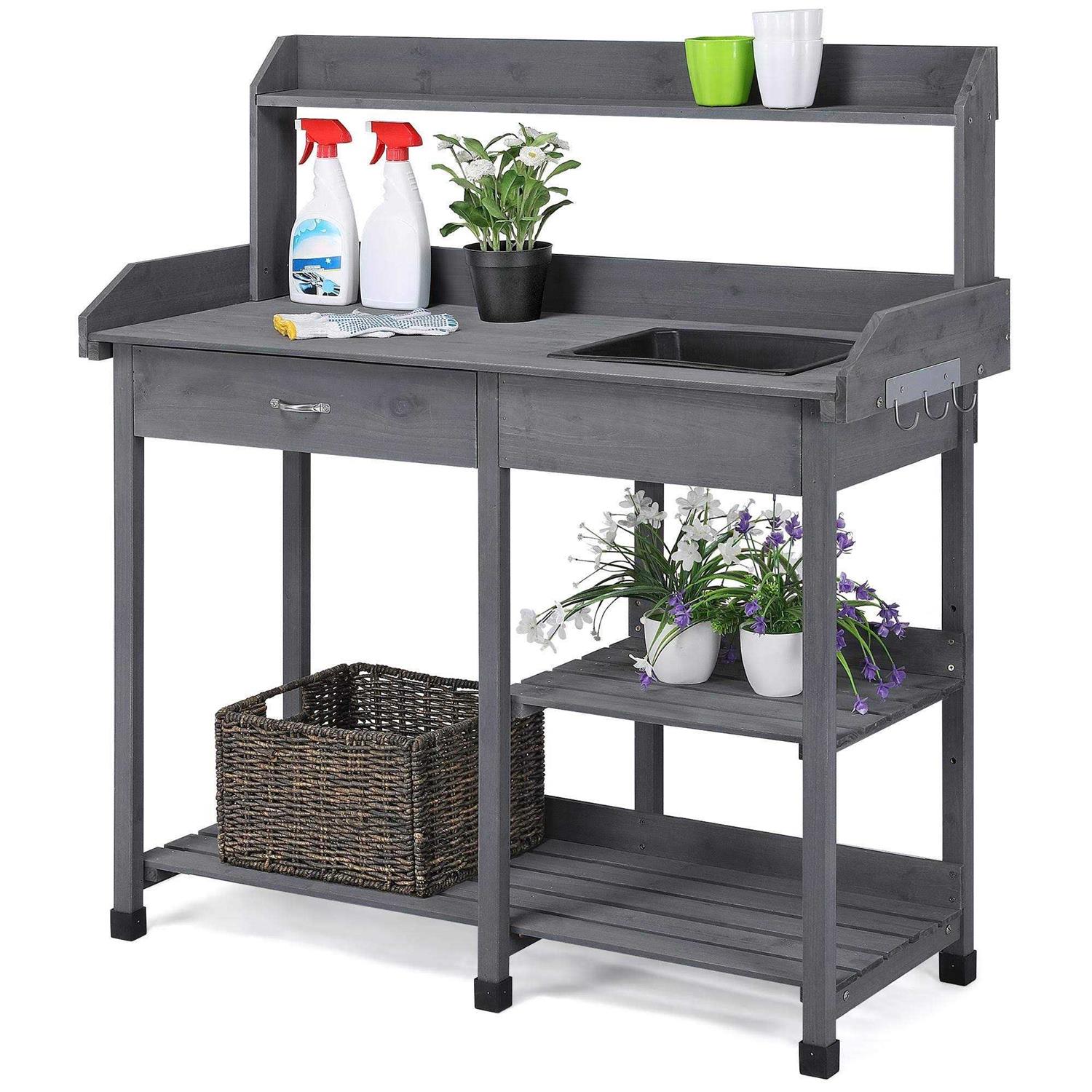 Yaheetech Outdoor Potting Bench Table Potters Benches Garden Work Bench Station Workstation with Drawer/Adjustable Shelf Rack/removable Sink/hooks/pad