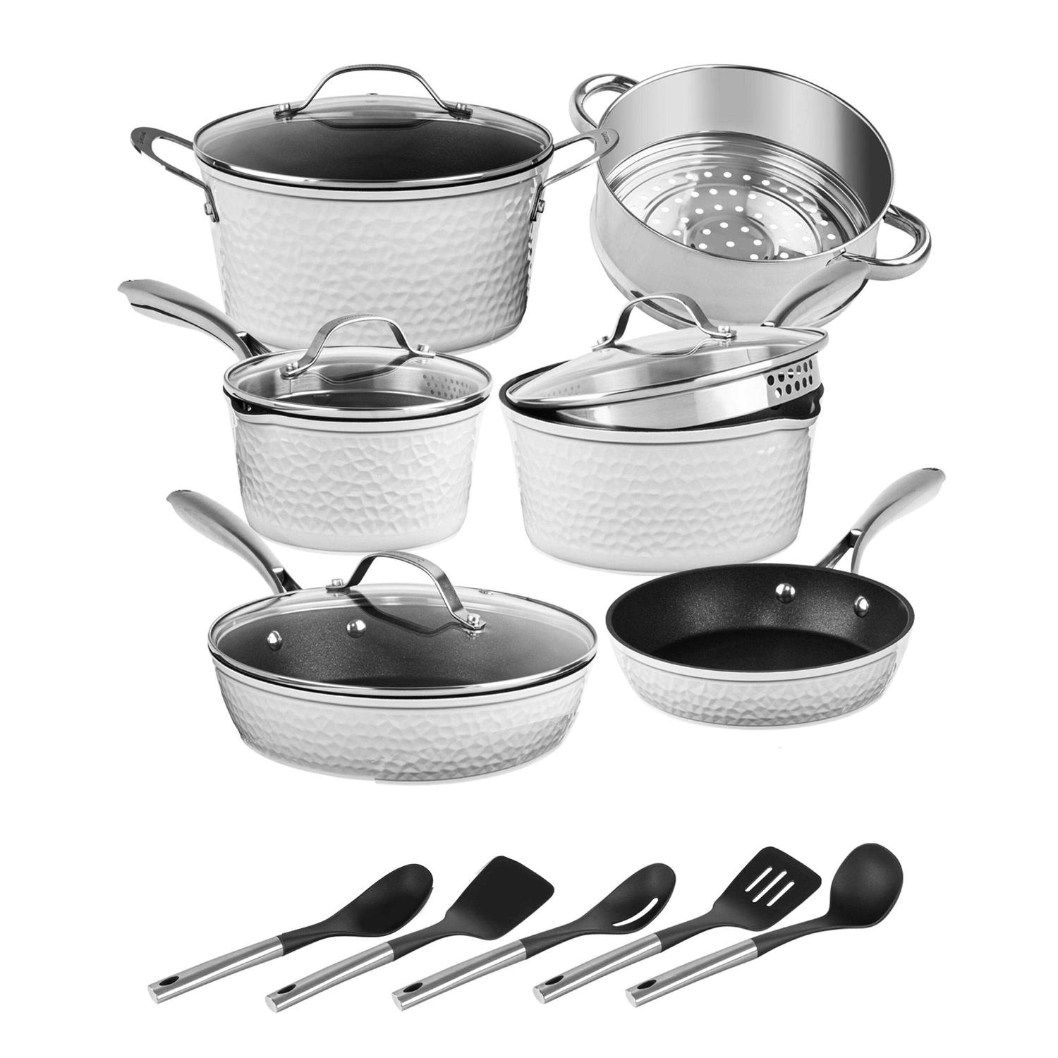 Granitestone Charleston Collection Hammered 15 Piece Nonstick Cookware Set with Utensils