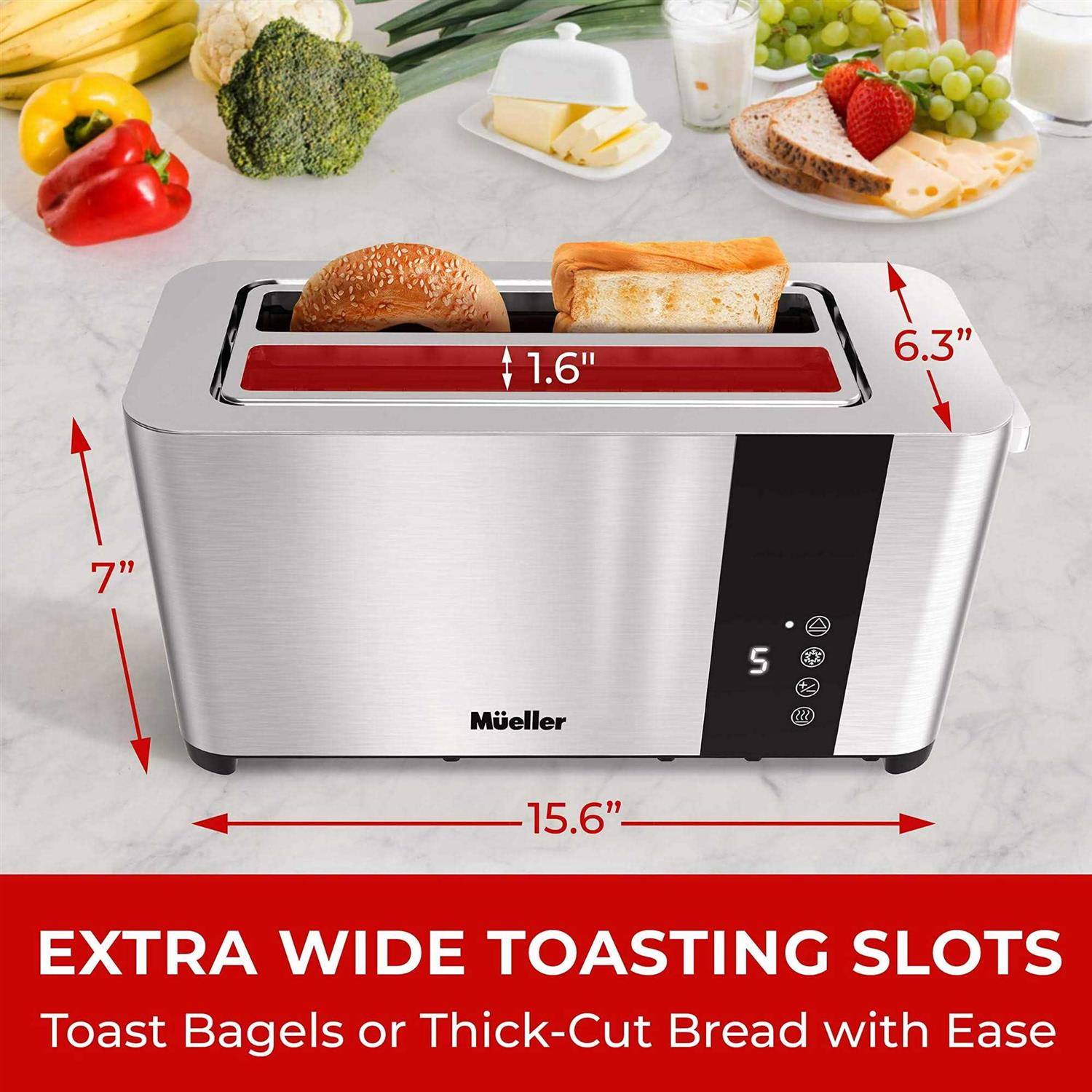 Mueller UltraToast Full Stainless Steel Toaster 4 Slice Long Extra-Wide Slots with Removable Tray