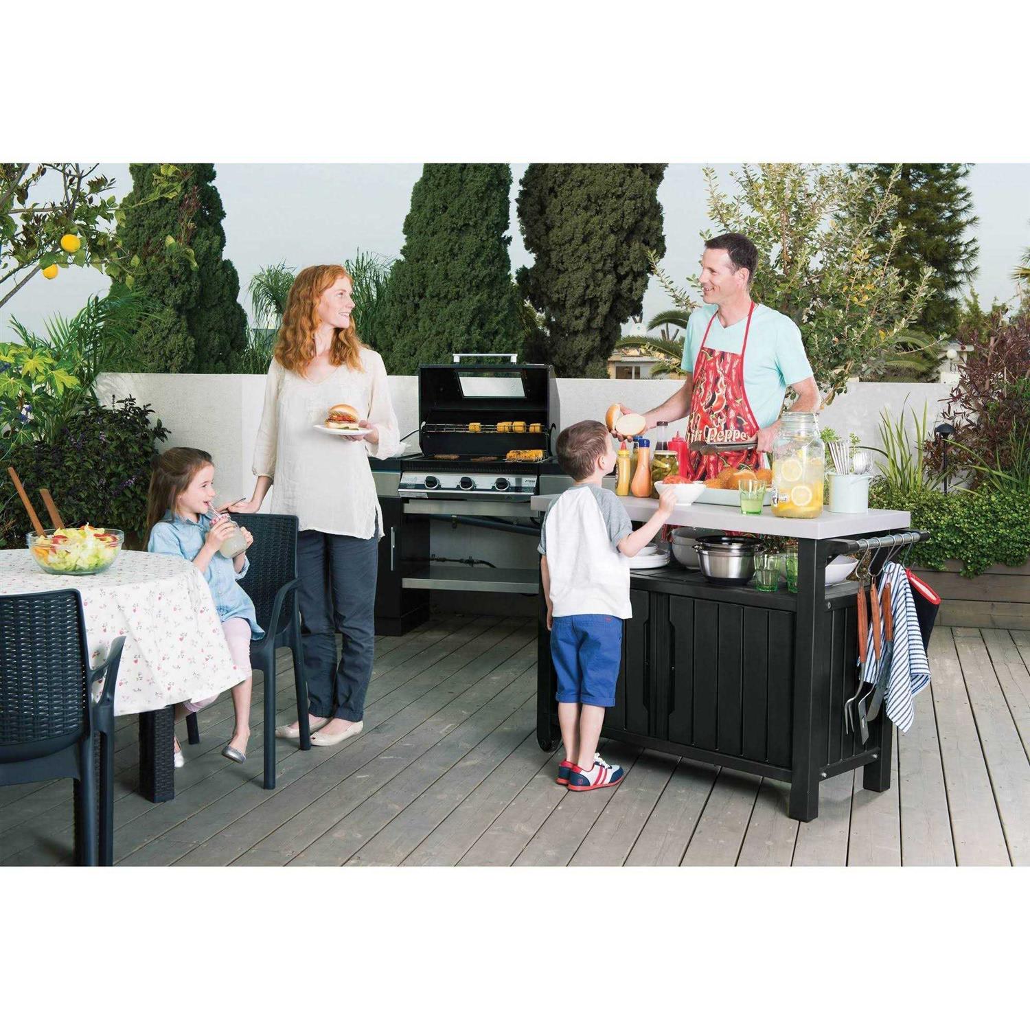 Keter Unity XL Resin Serving Station, All-Weather Plastic and Metal Grill, Storage and Prep Table