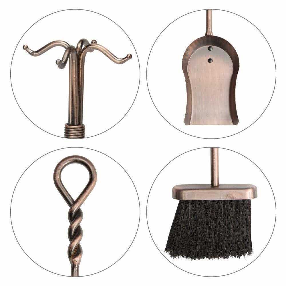 Uniflame 5 Piece Antique Copper Fireset with Ring/Swirl Handles Tampico Brush F-1311