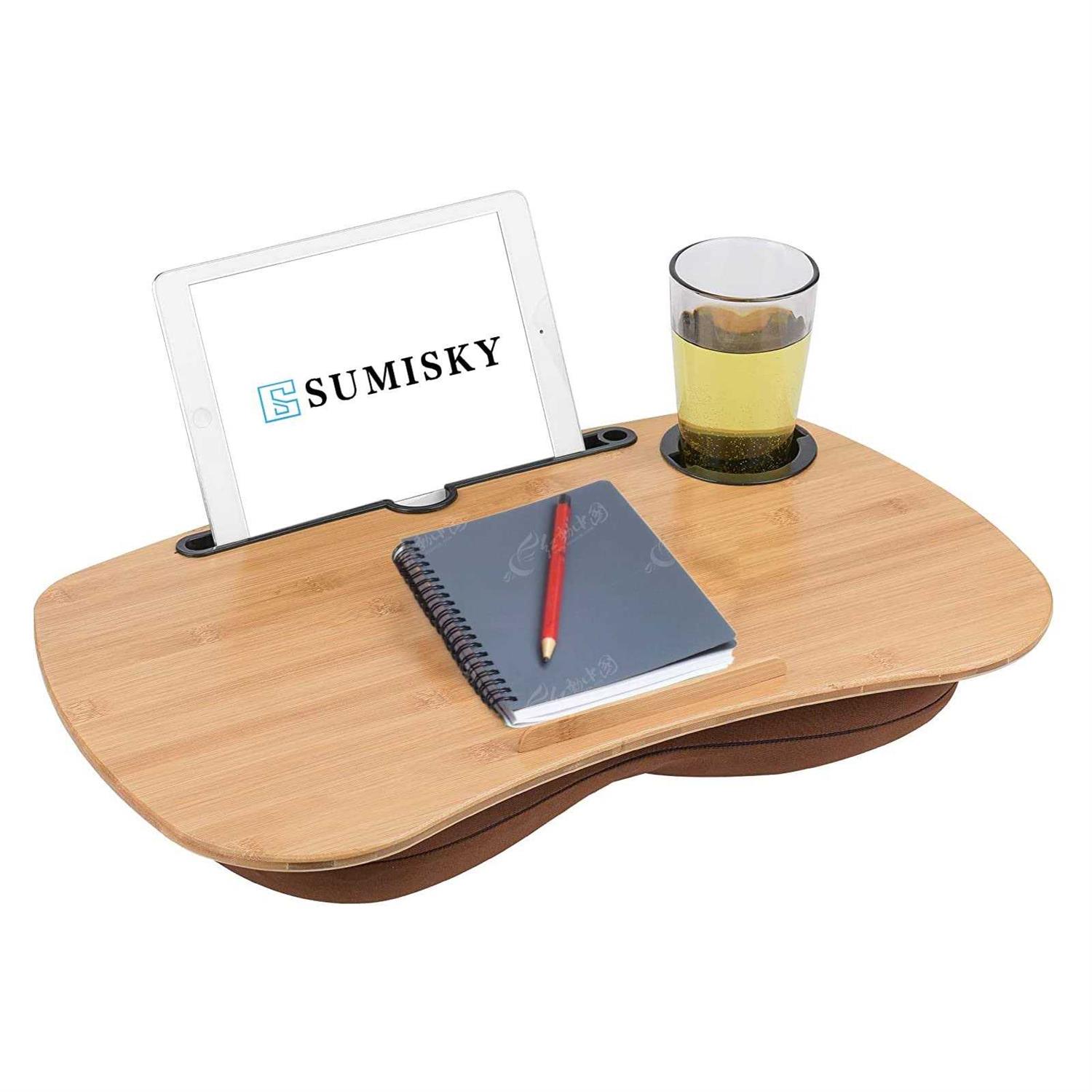SUMISKY Lap Desk-Portable Laptop Table with Bamboo Platform Phone Holder Pillow Cushion Anti-Slip Stopper on Bed & Sofa