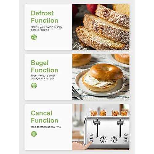 Yabano Toaster 4 Slice Extra Wide Slots Stainless Steel with High Lift Lever Bagel and Muffin Function Removal Crumb Tray 7-shade Settings with Warming Rack