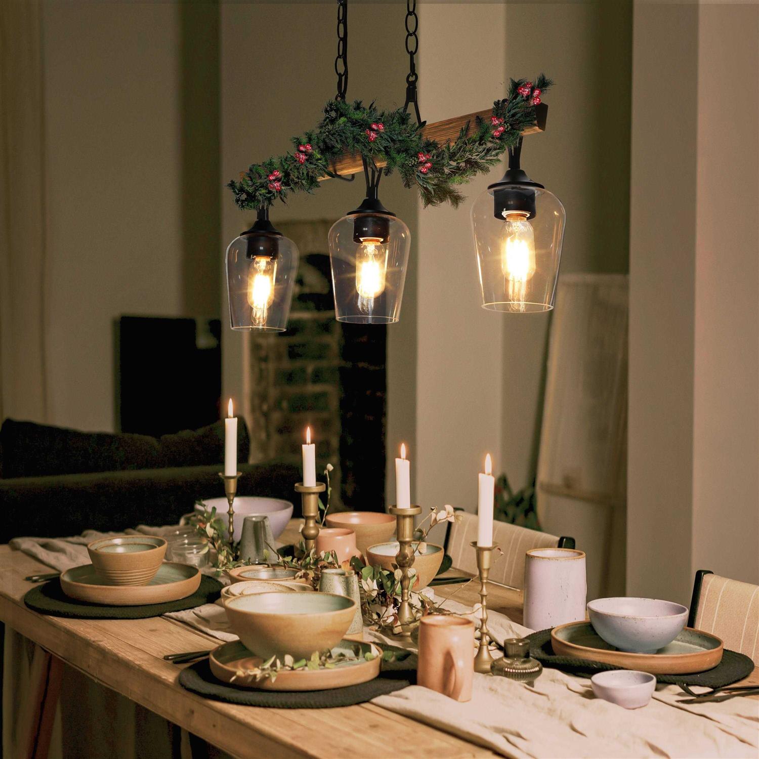 Zarbel Modern Farmhouse Faux Wood Chandelier Rustic 3-Light Black Island Lights with Bottle Glass