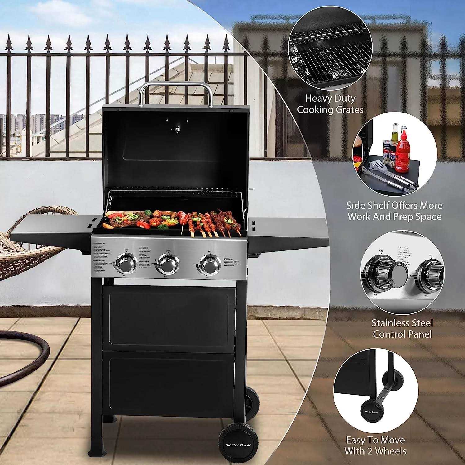 Master Cook 3 Burner BBQ Propane Gas Grill Stainless Steel 30,000 BTU Patio Garden Barbecue Grill with Two Foldable Shelves
