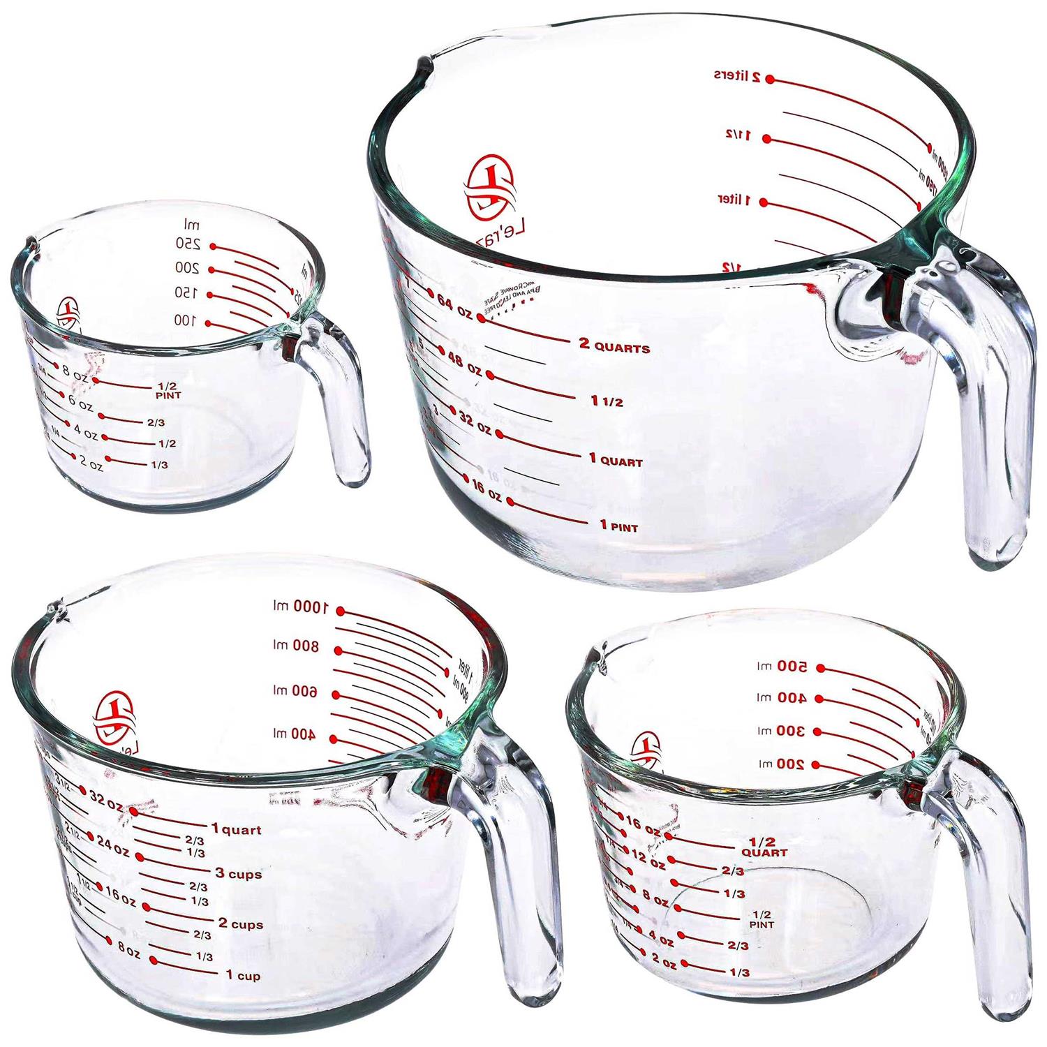 Set of 4 Glass Measuring Cups Kitchen Mixing Bowl Liquid Measure Cup