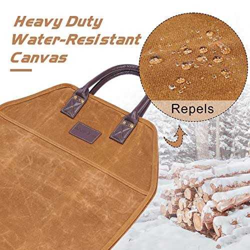 G GOOD GAIN Firewood Carrier Waxed Canvas with Leather Handles Wood Carrier for Firewood