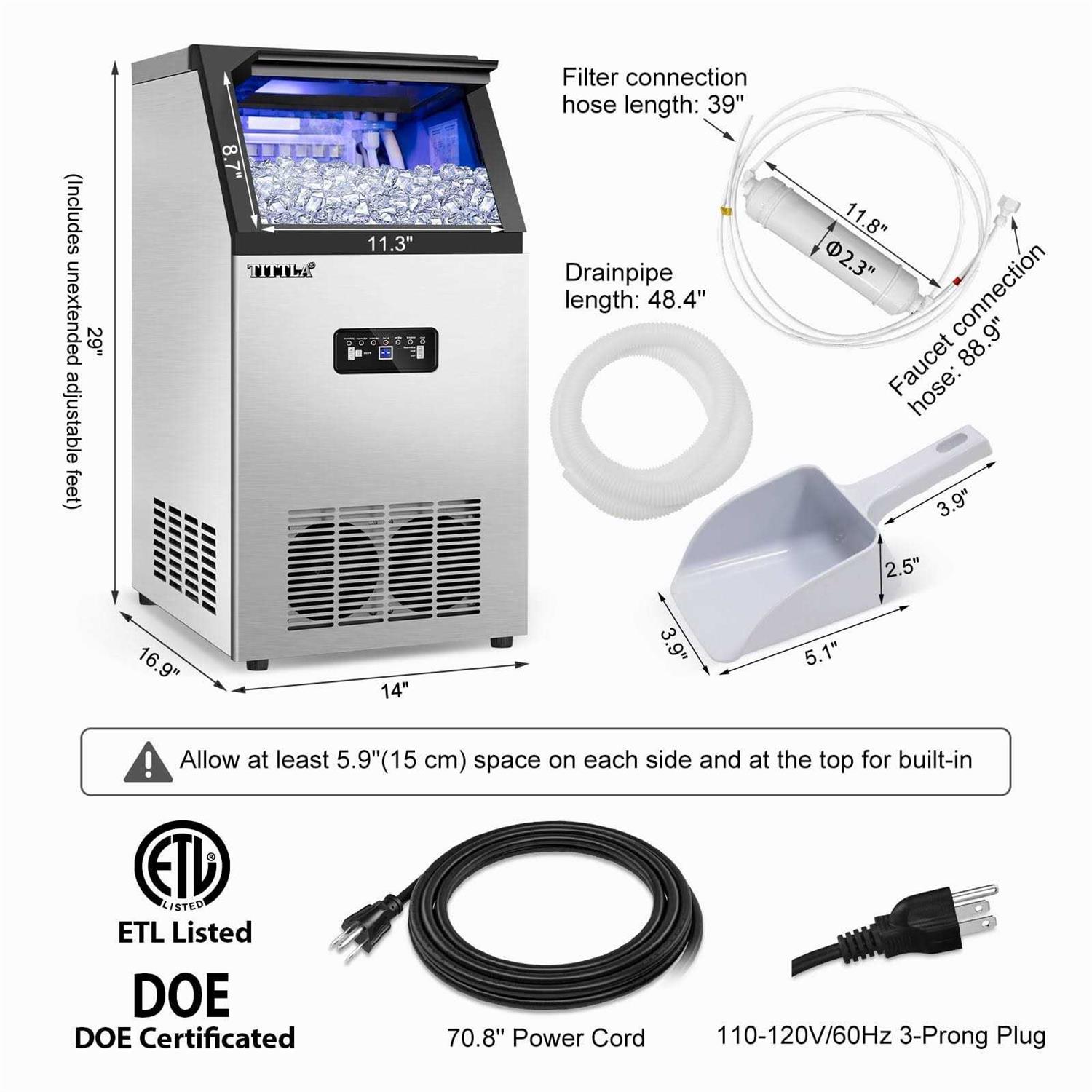 Tittla 14 in. 88 lb. Built-in Ice Maker in Stainless Steel Flip-up Door 2 Water Inlet Modes with Scoop & Water Filter Blue LEDs