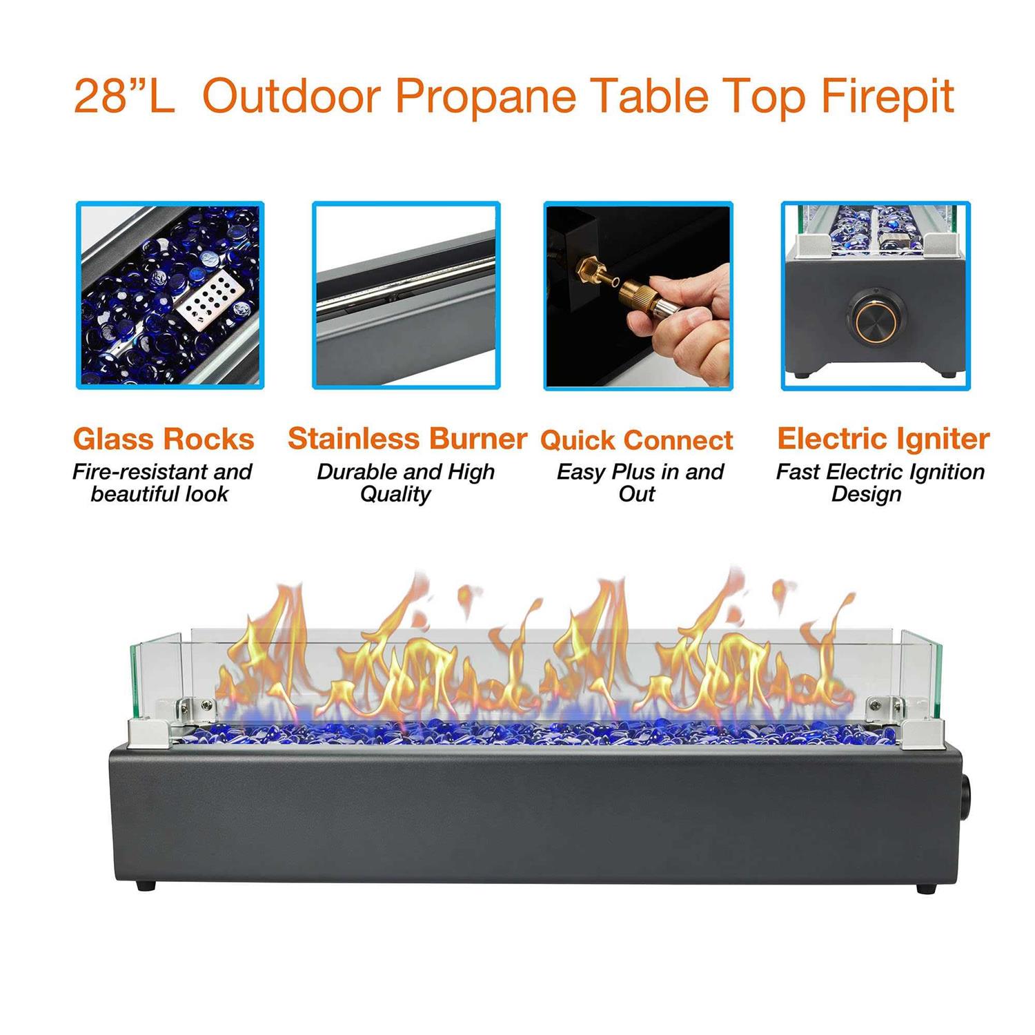 BAIDE HOME 28-inch Table Top Propane Fire Pit 40,000 BTU Tabletop Gas Firepit for Patio