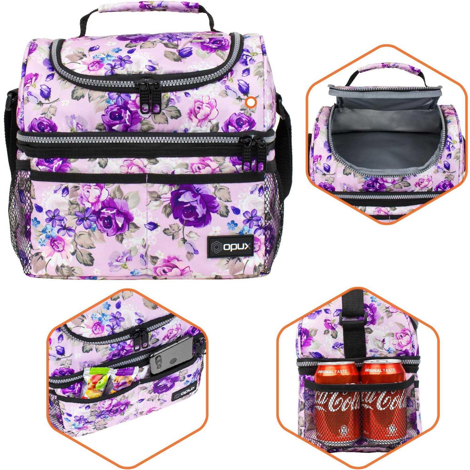 Opux Insulated Dual Compartment Lunch Bag for Men Women Double Deck Reusable Lunch Cooler with Shoulder Strap