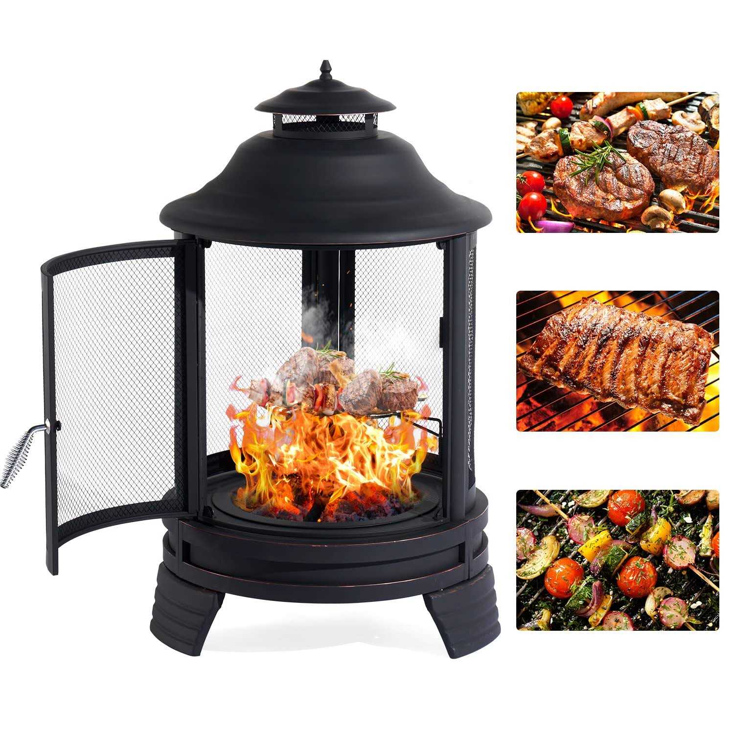 Aoxun Chiminea Fire Pit with Grill for Outdoor, 2 in 1 Fire Pit with Removable Grate, and Mesh Spark Screen Doors