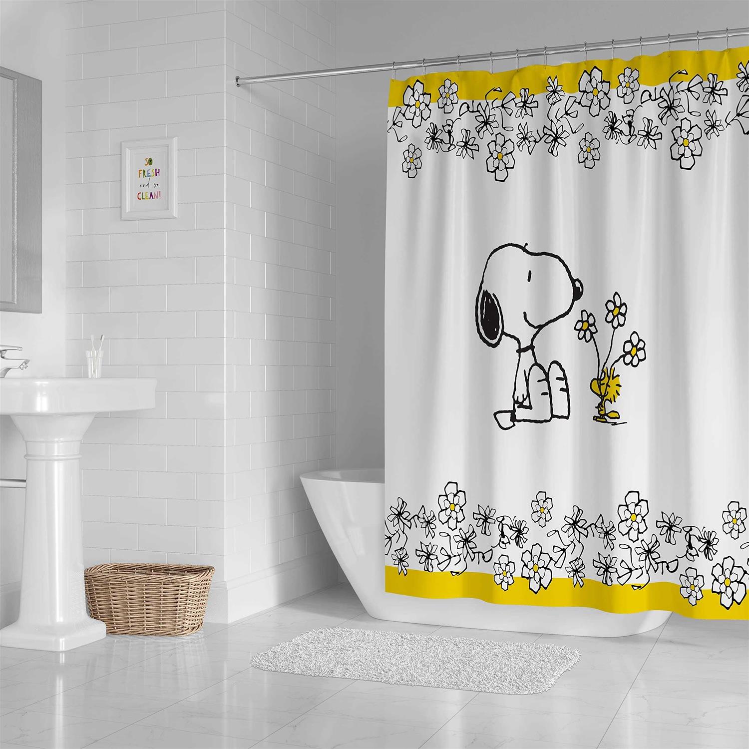 Jay Franco and Sons Peanuts Flowers Shower Curtain Adult Unisex Black/White/Yellow