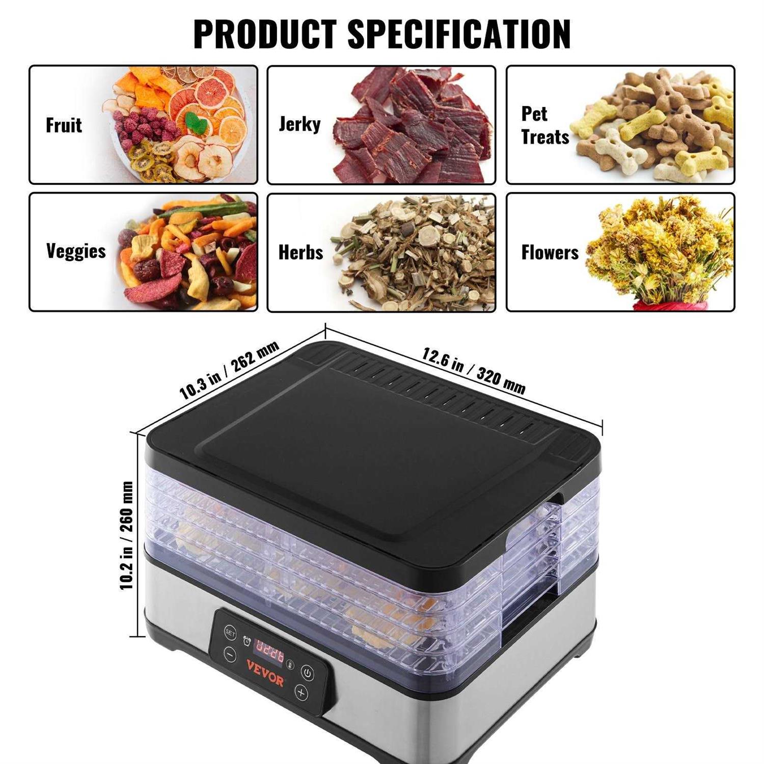 VEVOR Food Dehydrator Machine 5-Tray Fruit Dehydrator 300W Electric Food Dryer w/Digital Adjustable Timer & Temperature for Jerky