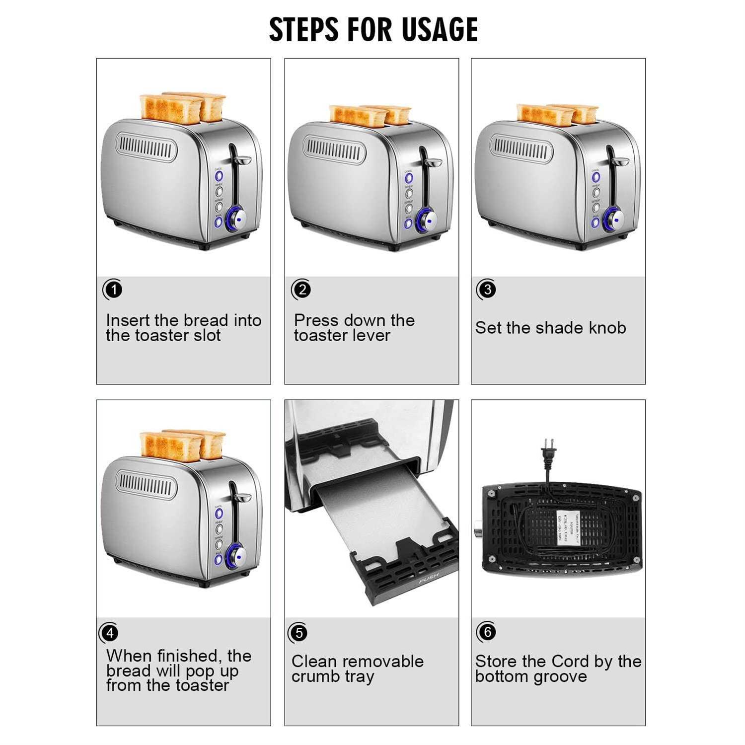 Toaster 2 Slice JEWJIO Stainless Steel Retro Toaster With 1.5 Extra Wide Slot