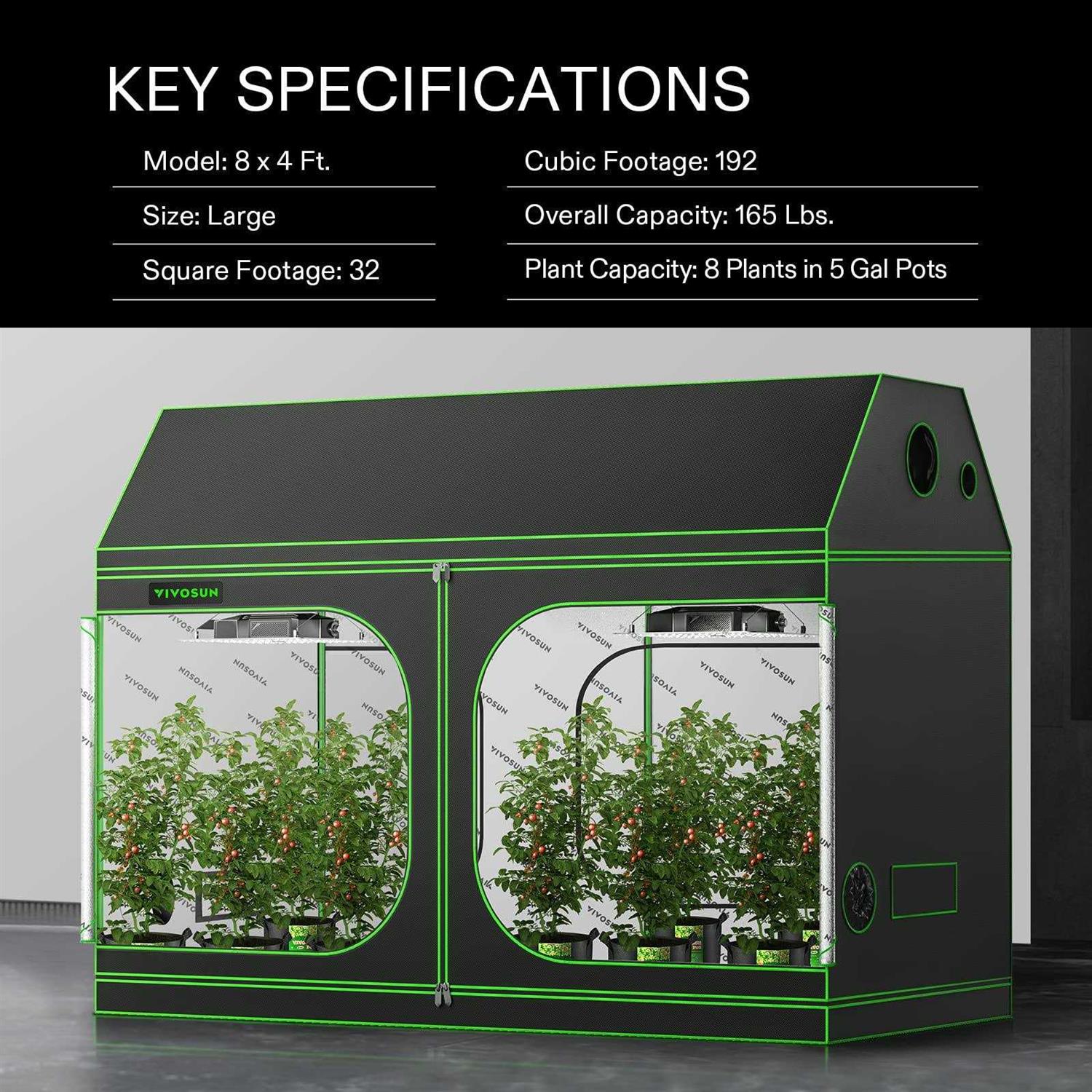 Vivosun R846 4×8 Grow Tent 96’x48’x72′ Roof Cube Tent with Observation Window and Floor Tray for Hydroponics Indoor Plant for VS4000/VSF4300