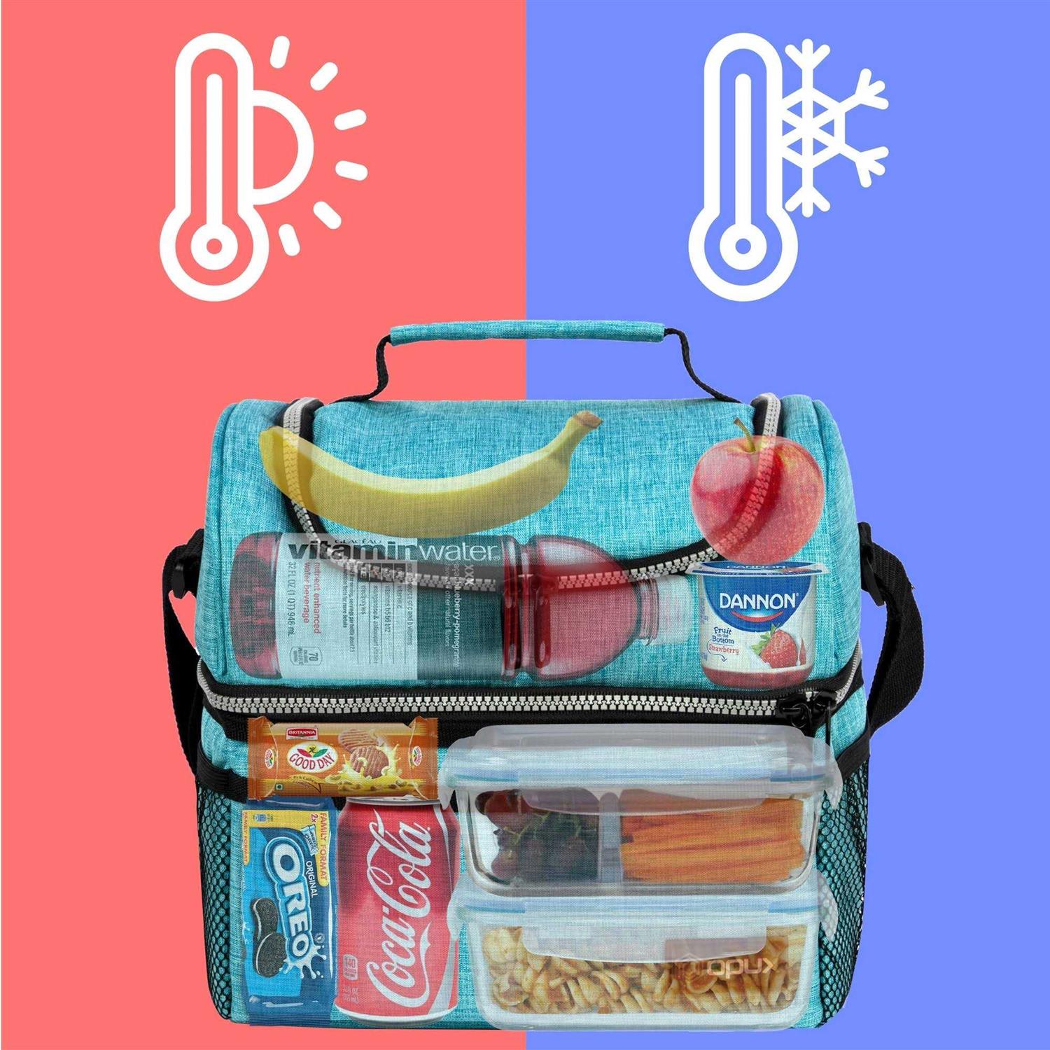 Opux Insulated Dual Compartment Lunch Bag for Men Women Double Deck Reusable Lunch Cooler with Shoulder Strap