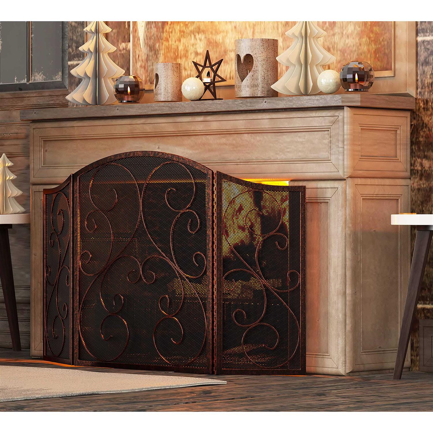 Fire Beauty Fireplace Screen 3 Panel Wrought Iron Black Metal 48 x30 Spark Guard Cover