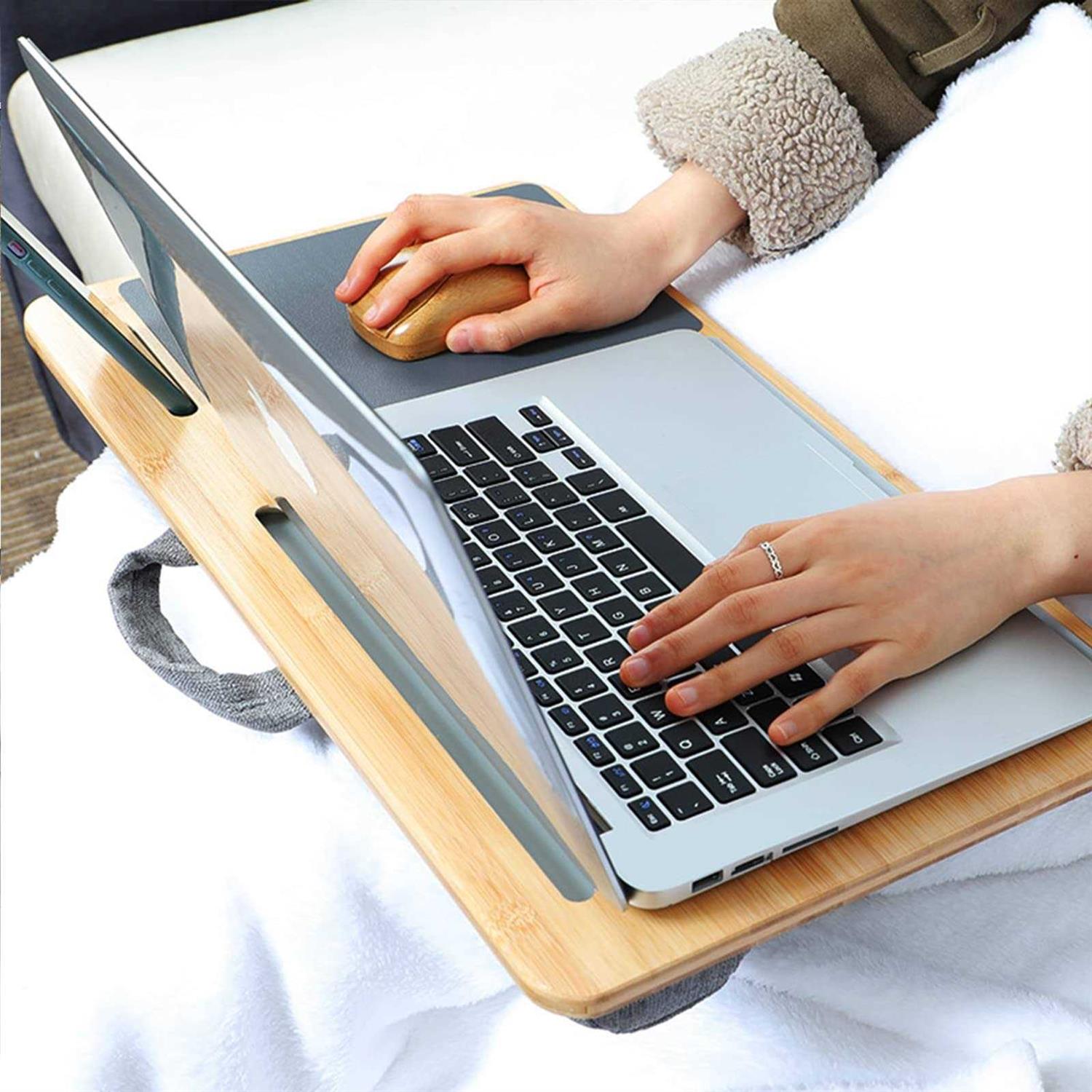 SUMISKY Laptop Lap Desk with Cushion Protable Laptop Desk with Handle Phone Holder and Bamboo Laptop Stand