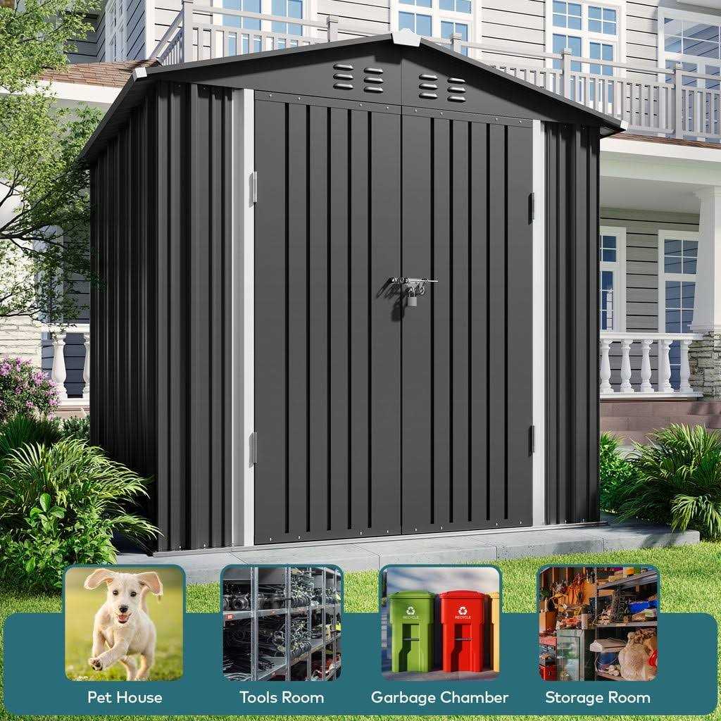 Aiho 6 x 4 FT Outdoor Storage Shed on Clearance with Metal Base Frame and Double Lockable Doors for Garden