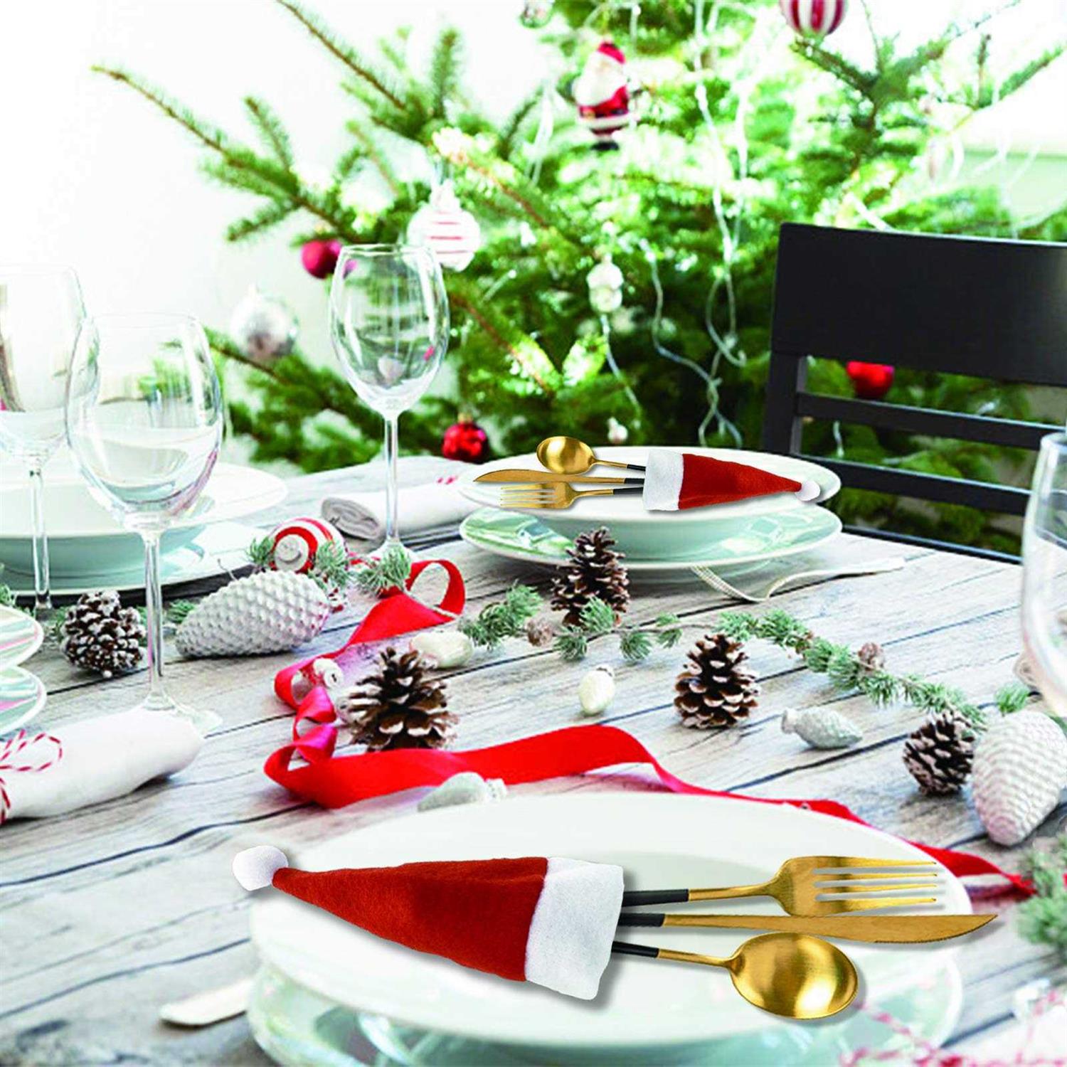 ONEYIM 10pcs Mini Santa Hat Wine Bottles Cover Home Christmas Decor