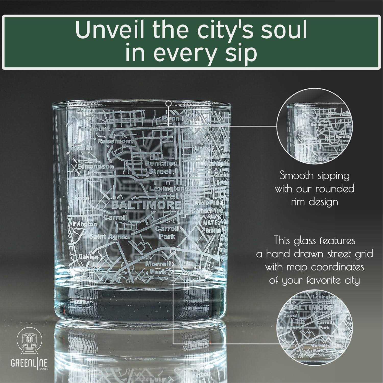 Greenline Goods Etched Whiskey Glasses 10 Oz Tumbler Gift Set Map