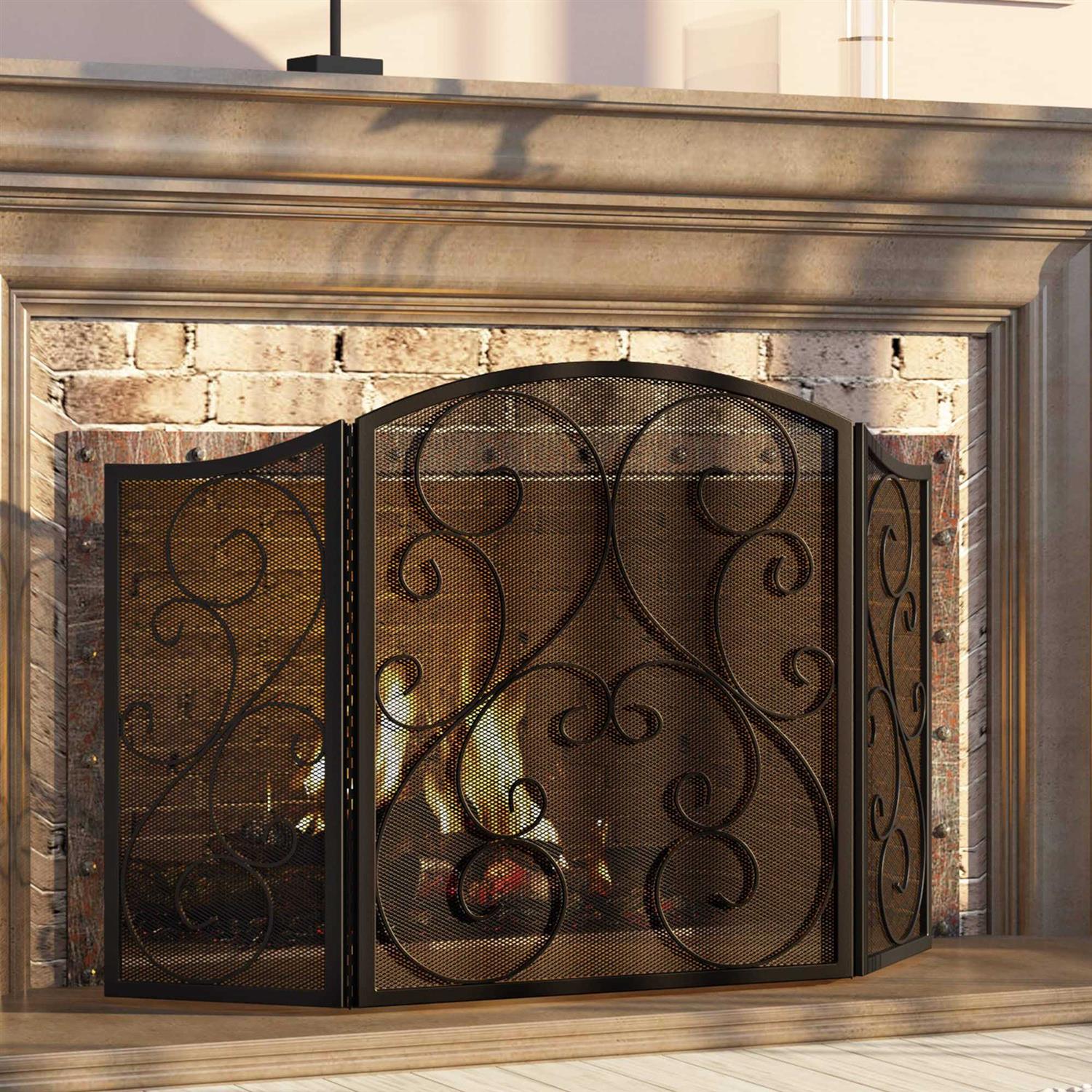 Fire Beauty Fireplace Screen 3 Panel Wrought Iron Black Metal 48 x30 Spark Guard Cover