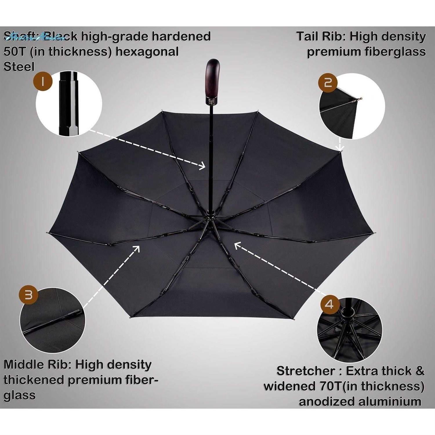 Balios Folding Umbrella Real Wood Handle Auto Open Close Vented Canopy
