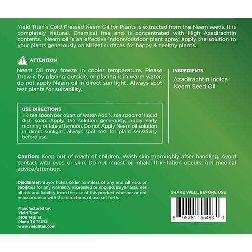 Yield Titan’s 100% Pure Cold Pressed Concentrated Neem Oil for Indoor and Outdoor Plants and Vegetable