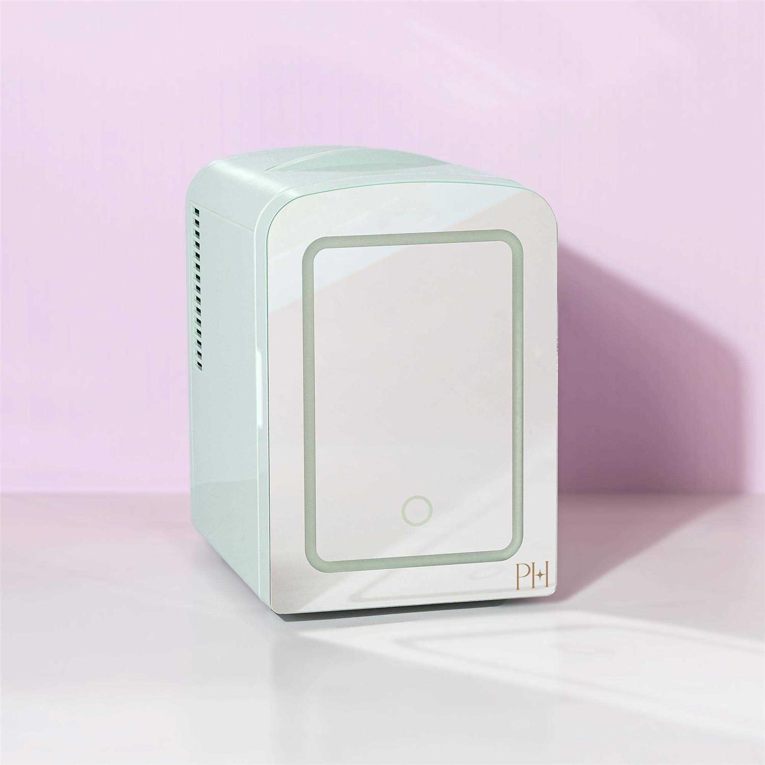 Paris Hilton Mini Refrigerator and Personal Beauty Fridge, Mirrored Door with Dimmable LED Light, Thermoelectric Cooling and Warming Function