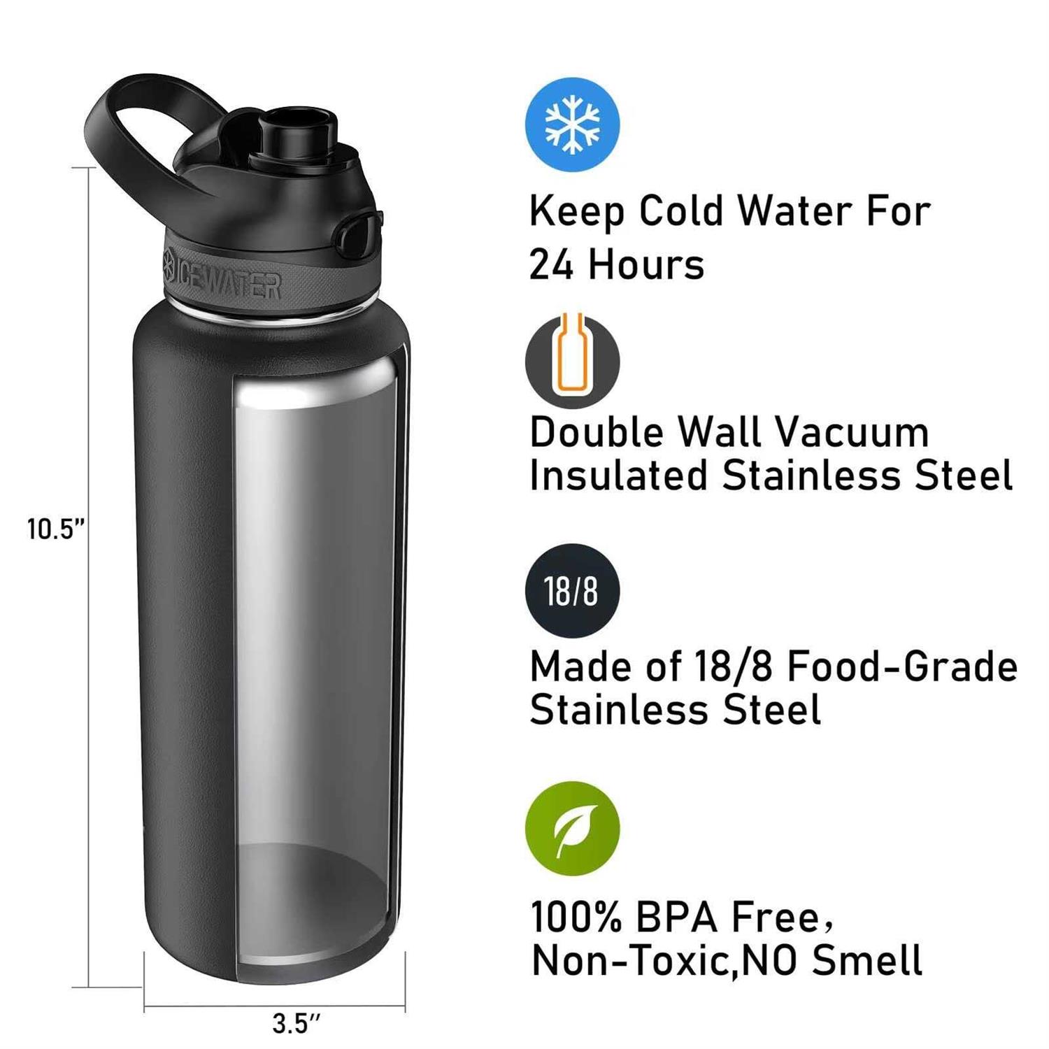 ICEWATER-40 oz Soft Auto Straw Lid Insulated Water Bottle With Straw