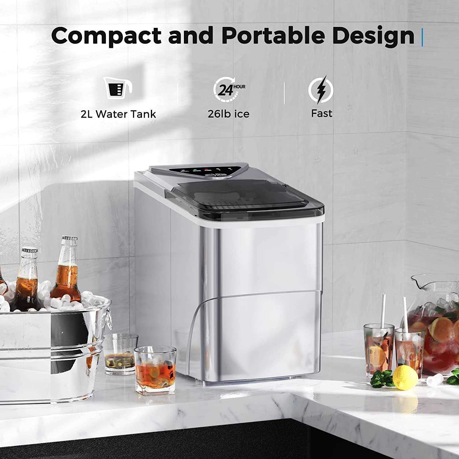 Silonn Ice Maker Countertop, 9 Cubes Ready in 6 Mins, 26lbs in 24Hrs, Self-Cleaning Ice Machine with Ice Scoop and Basket