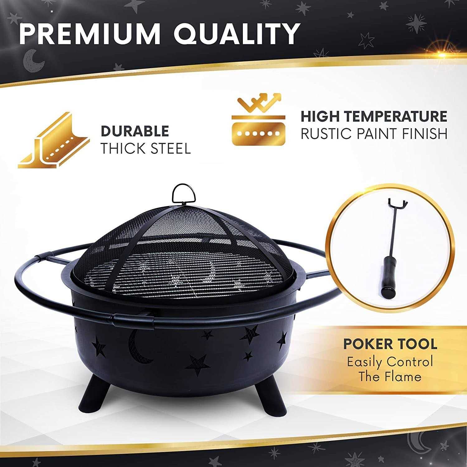 Project One Outdoor Fire Pit 30 Inch Round Bonfire Wood Burning Patio & Backyard Firepit for Outside with Cooking BBQ Grill Grate