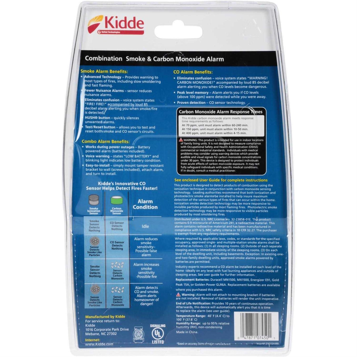 Kidde Intelligent Carbon Monoxide and Smoke Alarm Combination Battery Operated 21007450